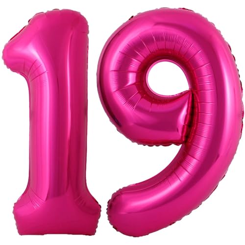 Hot Pink 19 Number Balloons, 40 Inch Giant Number 19 Balloons Foil Mylar Helium Hot Pink Number Balloons for 19th Birthday Party Supplies Anniversary Event Celebration Decorations