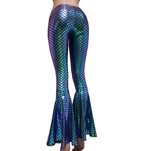 pinda Iridescent Mermaid Scale Costumes Holographic High Waisted Wide Leg Yoga Bell Bottom Pants Leggings (S, 375Green)