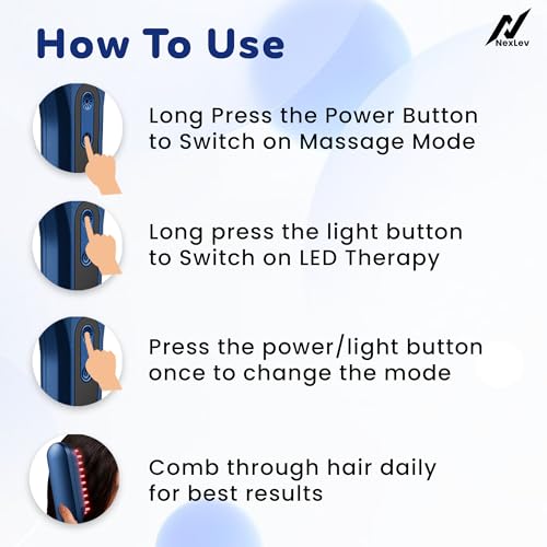 NexLev LED Phototherapy comb | Electric Scalp Massager | Red Light for Regrowth | Blue Light for Anti Dandruff | Hairfall Control | Rechargeable TypeC | Targeted Laser Treatment Machine |3 Modes |LE-02