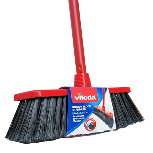 Vileda Indoor Broom Standard Floor Broom with Stick Lightweight Suitable for All Floor Types Easy Corner Cleaning Red & Black Pack Size 30 x 5 x 42 cm