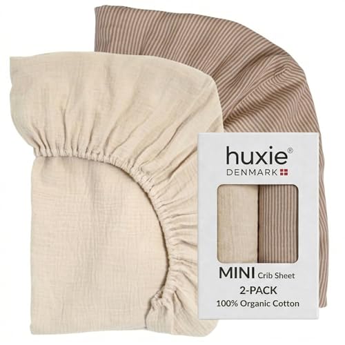 Mini Crib Sheets - Organic Cotton Muslin Fitted MINI Crib Sheet for Pack and Play - Ultra-Soft and Breathable for Boys and Girls (2-Pack Fog/Stripe)
