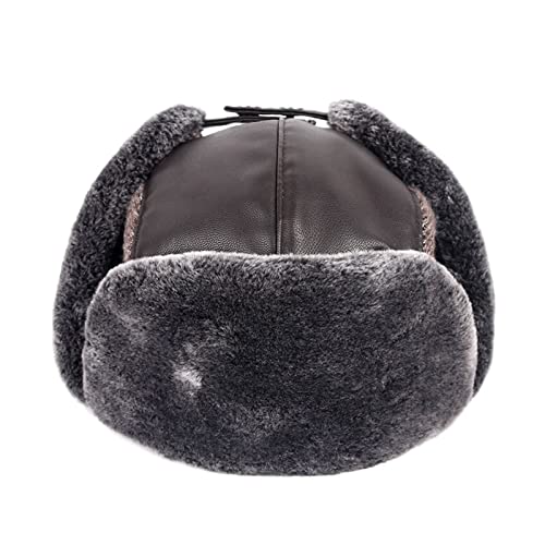 FENOKD Bomber Hats Bomber Hats Winter Men Warm Hat with Ear Flap Knitted Pu Leather Trapper Cap Earflap Ski Snow Hats Warm (Brown 7 3/8)?Brown-7 3/8