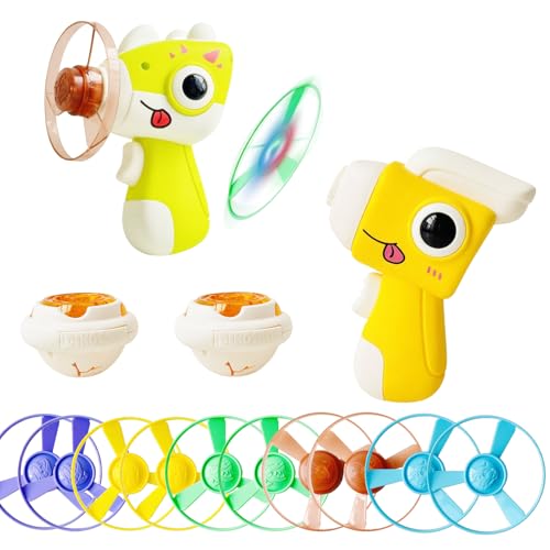 ZOPMTIYO Flying Disc Launcher Toy for Kids 2 Pack Handheld Disc Shooter Set with 10 Colorful Flying Discs & 2 Light-Up Spinning Tops Outdoor Interactive Toy for Boys Girls Indoor Outdoor Gift