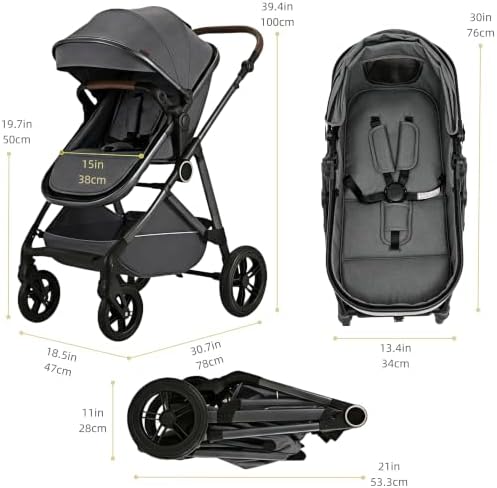 2 in 1 Baby Stroller,Foldable Infant Pushchair with Reversible Seat, High Landscape Toddler Pram for 0-36 Months Newborn with Adjustable Canopy,Storage Basket,Suspension Wheels (Grey) — view 6