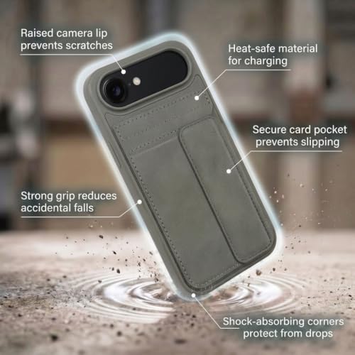 Image of amazon basics Luxury Vegan Leather Back Cover for iPhone 17 Air | Built-in Card Holder Slot | Integrated Mobile Stand | Slim Shockproof Protective Case with Stitched Finish - Gray