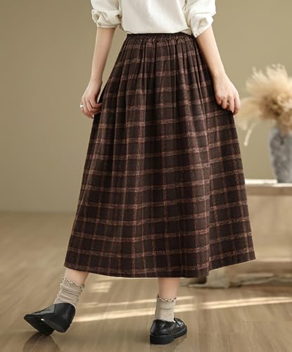 chouyatou Women's Retro Plaid Checkered Wool Skirt High Elastic Waist A-Line Pleated Midi Long Skirt3