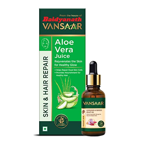 Image of Baidyanath Vansaar Get Gorgeous Combo - Aloe Vera Juice (1Ltr) rejuvenates the skin & Kumkumadi Ayurvedic Beauty Oil (30 ml) treats scars & brightens the skin