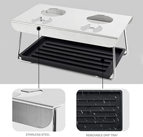 Levivo drip holder for bottles, including drip tray and liquid holder, for 2 soda fizzer bottles, dishwasher safe, can be screwed to the wall, Foldable stainless steel, silver