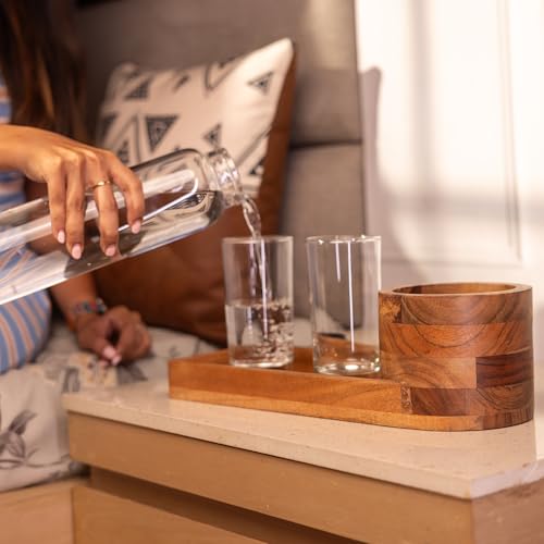 Image of Thirstray Acacia Wood Water Bottle Holder Tray | Brown Bedside Bottle & Glass Organizer | Handcrafted Wooden Drink Holder | 14 x 5 x 4 Inches | for Bedroom, Guest Room, Hotel & Office