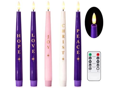 Velsyn Flameless Advent Candles Set of 5 with Words 10 Inch White Purple & Pink Flameless Candle Flameless Taper Candles for Advent Wreath Flickering LED Candle with Remote