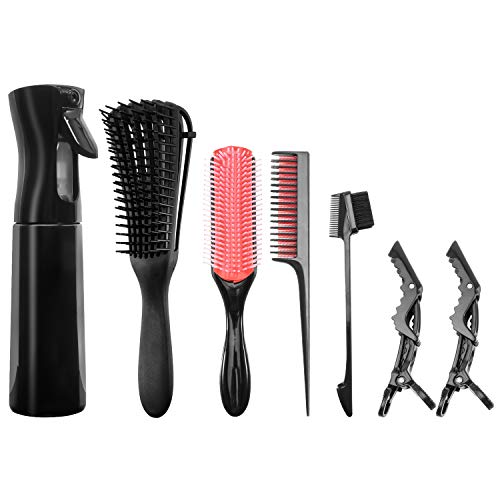 7 Pcs Hair Spray Bottle and Comb Set- Detangling Brush+ 10 oz Mist Spray Bottle+ 9-Row Cushion Bristle Brush+ Hair Edge Brush+ Triple Teasing Comb+ 2 Hair Clips, Hair Brush Set for Hair Styling