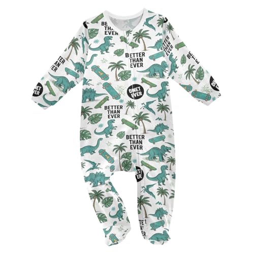 Emelivor Dinosaur Skateboard White Unisex Baby Newborn One-Piece Pajamas Footie Long Sleeve Romper Pjs for Girl Boy Kids