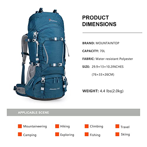 Mountaintop 70L Internal Frame Hiking Backpack For Men Women With Rain Cover, 29.9 * 13 * 10.2In, Interstellar Blue #TOP1