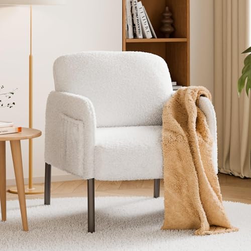 Mondeer Fauteuil de Salon, Fauteuil Confortable en Tissu Bouclette avec 2 Pochettes et Pieds Métal Style Scandinave, pour Salon Chambre, 63 x 75 x 75 cm, Blanc