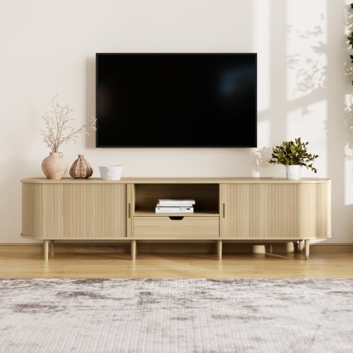 Image of DHH 86.6 inch Fluted TV Stand with Power Outlet for TVs up to 90 inch, TV Console with Adjustable Shelves and Sliding Door,Mid Century Modern Entertainment Center for Living Room,Bedroom (Natural Wood)