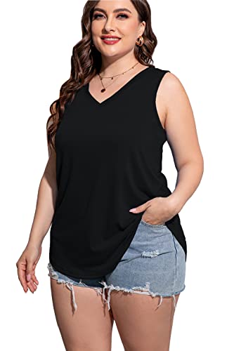 Plus Size Sleeveless Tops Women Casual Summer Sleeveless Loose Fit V Neck Ladies Basic Tshirt