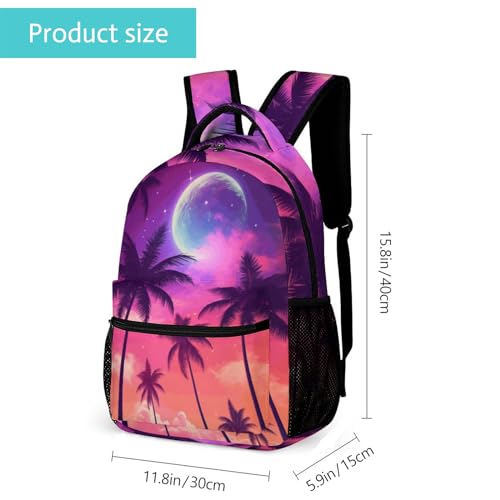 GNEW Hawaiian Tropical Beachy Backpack, Palm Tree Theme, Moon Galaxy Starry Stars, Purple Pink Hawaiian Print, Kids Elementary Middle High School Backpack, 16.5 Inch2