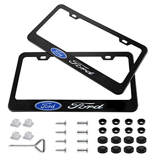 Wonderchef 2 Pieces Stainless Steel for Ford License Plate Frame with Screw Caps Cover Set, Matte Black