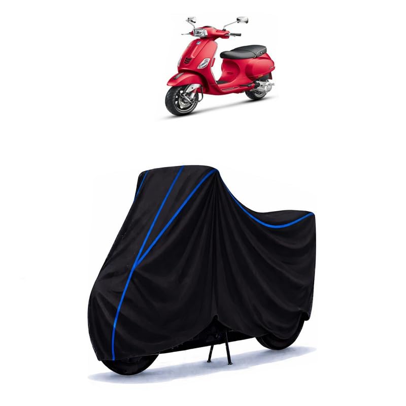 Image of Scooty Cover Water Resistant for Piaggio | Universal Scooter & Bike Cover | Heavy Duty UV Protection | Dust, Rain & Scratch Protection | Elastic Fit All Weather Indoor Outdoor | Black with Blue Piping