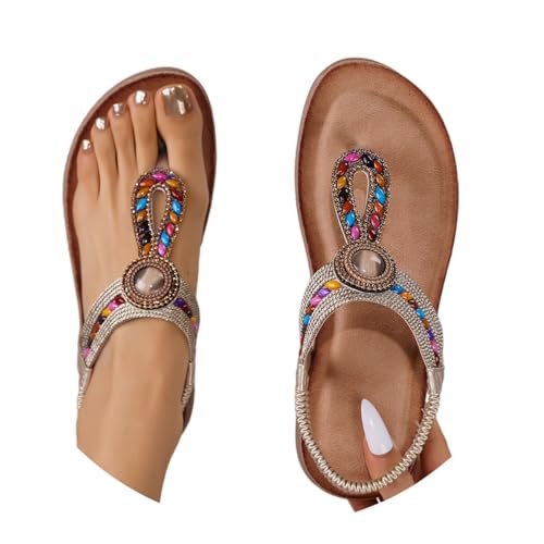 Sandalias con piedras de colores y correa en T elástica para caminar cómoda