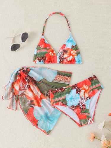 Image of SEGT Girl's 3 Piece Striped Bikini Swimwear Cute Swimsuits Bathing Suit High Waisted with Cover Up Beach Skirt