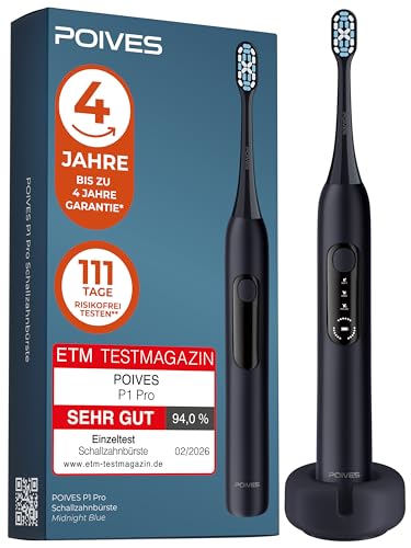 Schallzahnbürste POIVES P1 Pro - Bestnote SEHR GUT, Drucksensor schützt Zähne & Zahnfleisch, 4 Jahre Garantie, 111 Tage Risikofrei testen, Ultraschall Elektrische Zahnbürste, Midnight Blue