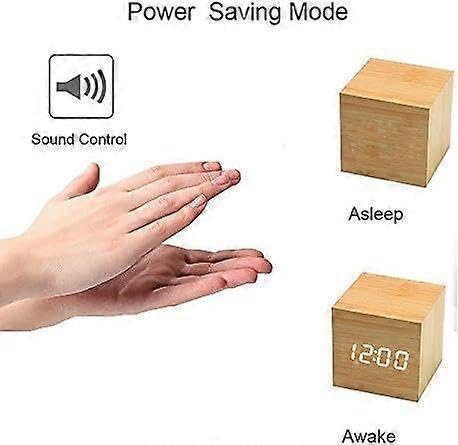 Réveil cube numérique en bois marron avec écran LCD de bureau - 3
