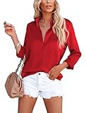 OMSJ Women's Button Down Shirts Satin V Neck Long Sleeve Casual Work Blouse Tops with Pocket (1173M, Red)