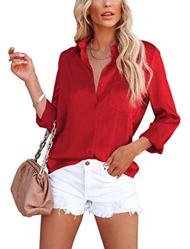 OMSJ Women's Button Down Shirts Satin V Neck Long Sleeve Casual Work Blouse Tops with Pocket