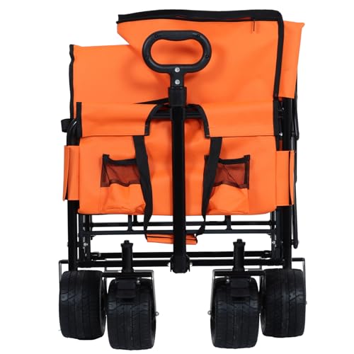 Image of 3-in-1 Convertible Folding Wagon Cart with Bench Seat & Storage - 500lbs Heavy-Duty Utility Wagon, 180L Capacity All-Terrain Wheels for Camping, Beach, Sports, Garden (Orange)