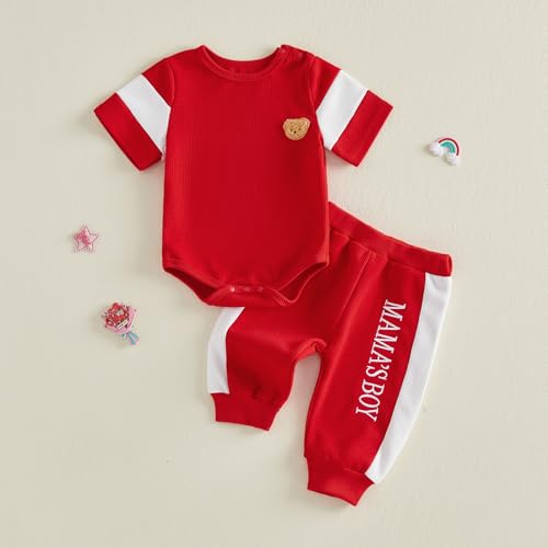 Image of Babieshouse Newborn Baby Boy Clothes Mamas Boy Bear Embroidery Long Sleeve Romper Pants Set Fall Winter Outfits 3-18 Months