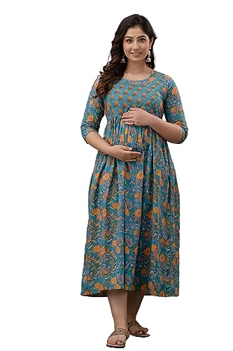 Image of The Moon Star Women's Cotton Floral Printed Anarkali Maternity Feeding Kurti | Breastfeeding Dress for Mothers | Zipper Feeding Kurti, Nursing Kurti, Comfortable and Trendy Maternity Wear