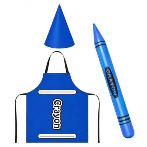 Tinyones Blue Crayon Adult Costume Set with Apron Cone Hat and Inflatable Prop for Halloween Parties