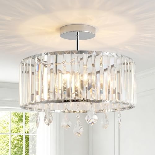 Image of ANWIO Chandelier Lampshade,Silver Light Fitting, Kitchen Lights Ceiling,Ceiling Lights Living Room,E27 Light Shade Ceilings,Morden Crystal Bedroom Ceilings Lights(DIAM 36.5CM,3 lamp Holder)
