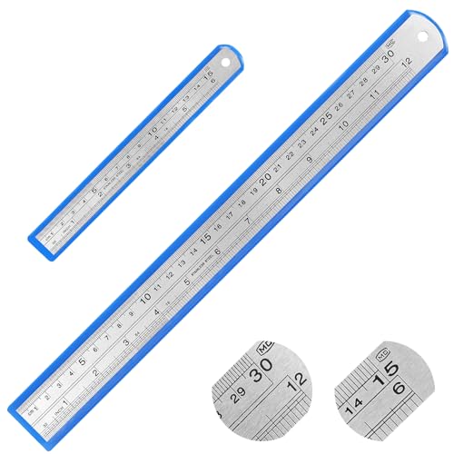 elzle Edelstahl Lineal Set, 2 Stück 30cm / 12 Zoll + 15 cm / 6 Zoll Metall Lineal Kit Heavy Duty Straight Edge für Schule Büro Home Messung