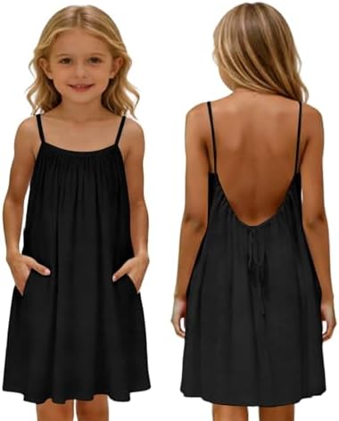 Tween Girls Summer Cami Dress Spaghetti Strap Backless Dresses Fashion Ruched Bust Sleeveless Dress 4-12 Years