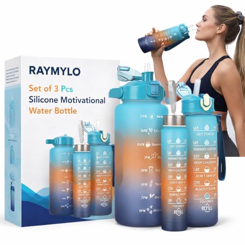 Image of RAYMYLO Silicone Motivational Water Bottle Set Of 3 Pcs Time Marker With Straw, Unbreakable Leakproof BPA Free Non-Toxic Sipper Bottle For Office, Sports, Gym, School (2000ML, 900ML, 300ML)