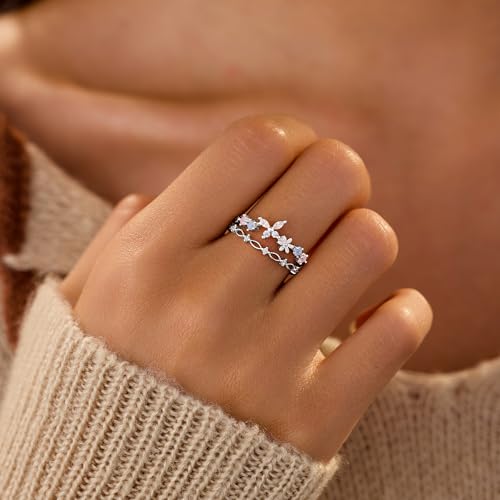 LOVECOM 925 Sterling Silver Cute Butterfly Daisy Flower Rings for Women 14K Gold Plated 2 Layered Colorful Opal CZ Floral Boho Stackable Statement Ring Jewelry Birthday Gifts to Daughter2