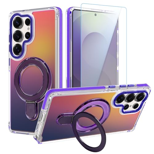 Image of Magnetic for Samsung Galaxy S25 Ultra Case with Stand [Compatible with Magsafe] [Cute Fluorescent Design] [1 Screen Protector] Slim Translucent Matte Case for Galaxy S25 Ultra 6.9 inch, Purple