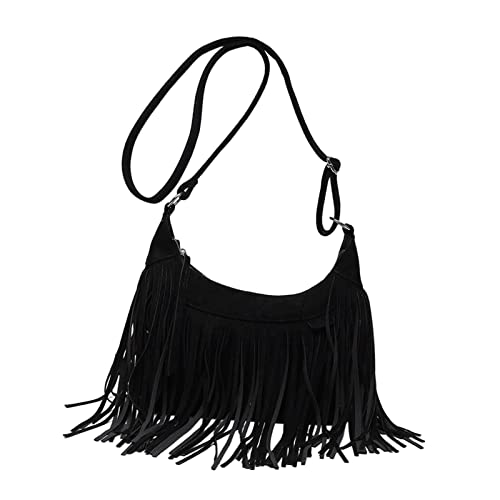 Femmes Épaule Sac à Main Gland Frange Rétro Style Fourre-Tout Avec Sangle Réglable pour Le Travail, Le Noir