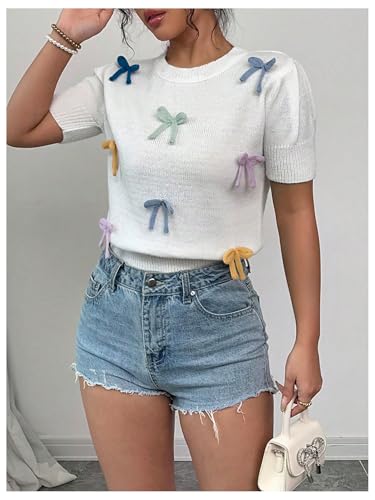 OYOANGLE Women's Colorful Bow Short Sleeve Sweater Crew Neck Tight Hem Knitted Pullover Tops2