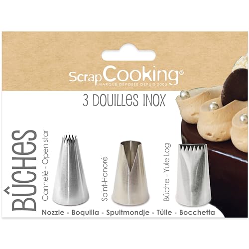 ScrapCooking 1835 - Juego de 3 boquillas para troncos de Navidad, de acero inoxidable, de calidad profesional, puntas de bolsillo, decoración para tartas de postre
