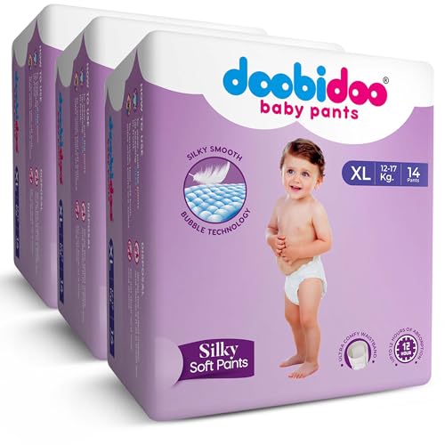 Image of Doobidoo Silky Soft Baby Pants Diapers - XL Size (Pack of 3, 42 Count) | All-Round Softness with Bubble Soft Topsheet & Anti-Leak Side Cuffs (12-17 kg)