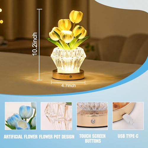 Image of Blue Tulip Flower Lamp Diamond Vase, 3 Color Night Light Dimmable Touch Control Artificial Floral Decor for Bedroom Bar Coffee Shop Wedding Birthday Gifts for Women Christmas Valentine Mothers Day