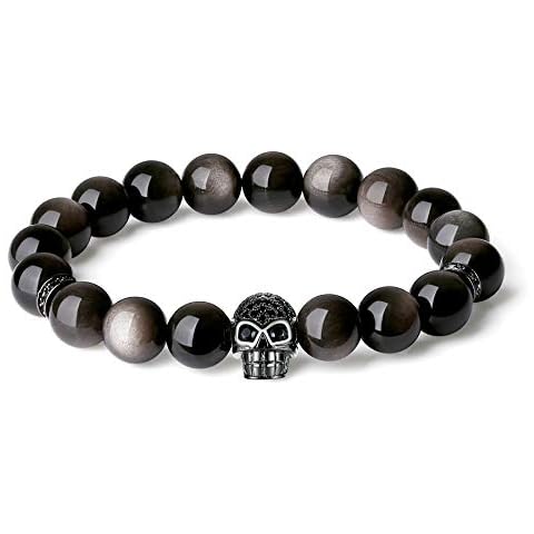 COAI CZ Pave Skull Silver Sheen Obsidian Stone Bracelet for Men Women Cover