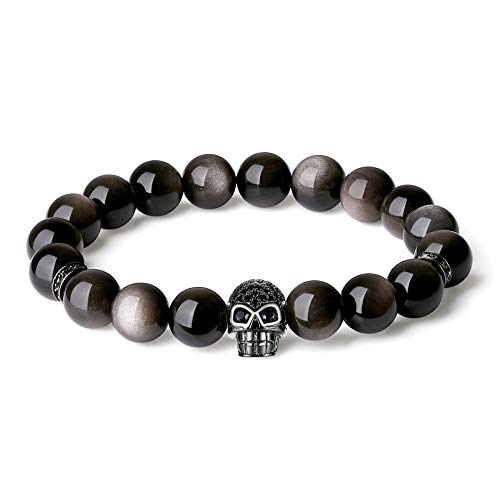 COAI Pulsera de Obsidiana Plateada Piedra Natural con Amuleto Calavera para Hombres y Mujeres