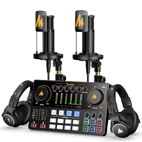 Image of MAONO Podcast Equipment Bundle for 2: Audio Interface Mixer with 2 XLR Condenser Mic and 2 Headphone Podcast Streaming MaonoCaster E2 Gen2+2*PM320T+2*MH700
