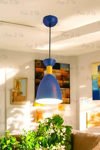 Image of Prop It Up Modern Pendant Light, Blue and Gold Metal Shade, Adjustable Height, Single Light Fixture, Without Bulb
