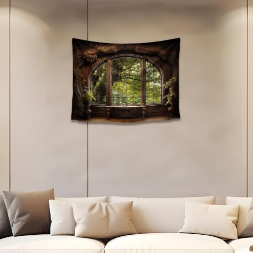 QGHOT Forest Window Tapestry, Nature Outdoor Tapestry Wall Hanging Woodland Scene Large Wall Mural for Bedroom Living Room Office Decor 40x30in
