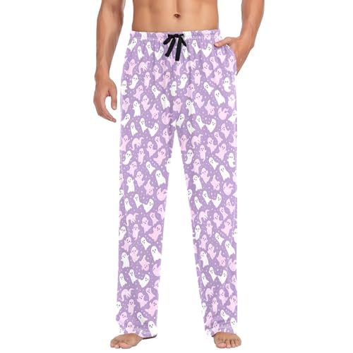 Mens Cotton Pajama Pants Sleep Lounge Pj Bottoms Sleepwear with Pockets Drawstring S Cute White Pink Ghost